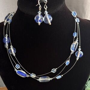 Avon 2000 Blue Art Glass Multi-Wire Necklace & Dangle Earrings Set | NIB 111